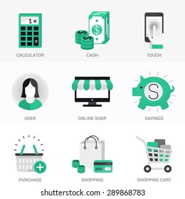 Flat  Icons Set. Purchase and sale, online shopping, cash investments and deposits. Online payments and money transfers.Isolated Objects in a Modern Style for Your Design.