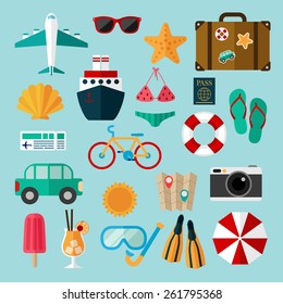 Flat icons set of recreation and travel.