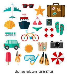 Flat icons set of recreation and travel on a white background.