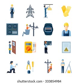 Flat icons set of repairmen electricians handymen figures and electric equipments isolated vector illustration