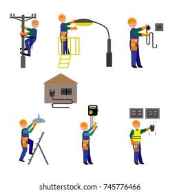 Flat icons set of repairmen electricians handymen figures and electric equipments isolated vector illustration