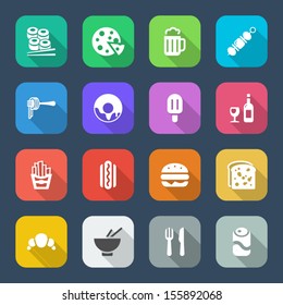 flat icons set for restaurant and commerce in sixteen colors