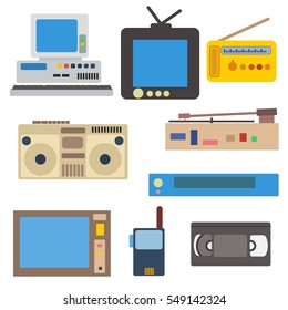 Flat icons set of retro electronics ,TV,Boom-box,radio,computer, video recorder,gramophone