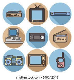 Flat icons set of retro electronics ,TV,Boom-box,radio,computer, video recorder,gramophone