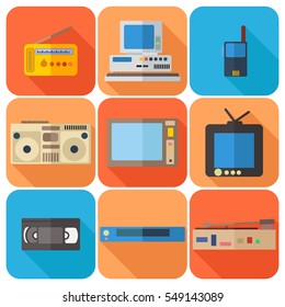 Flat icons set of retro electronics ,TV,Boom-box,radio,computer, video recorder,gramophone