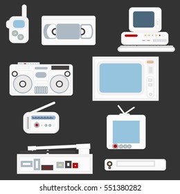 Flat icons set of retro electronics ,TV,Boom-box,radio,computer, video recorder,gramophone