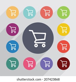  flat icons set. Round colorful buttons. Vector
