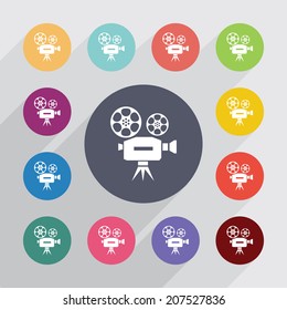  flat icons set. Round colorful buttons. Vector