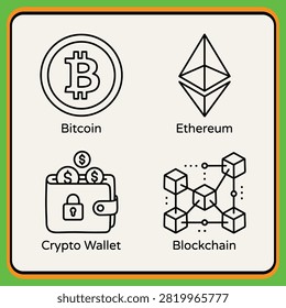 Flat icons set showing bitcoin, ethereum, crypto wallet, and blockchain network illustration