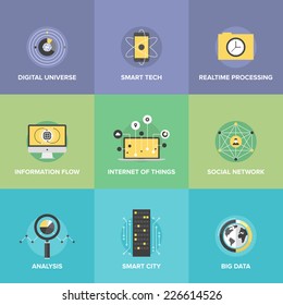 Flat icons set of smart futuristic communication, internet of things technologies, global digital social network connection, big data analytics. Flat design style modern vector illustration concept.