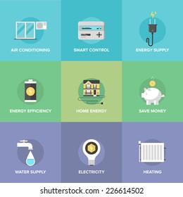 Flat icons set of smart house technology system with centralized control of lighting, heating, ventilation and air conditioning, energy savings. Flat design style modern vector illustration concept.