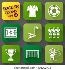 Flat icons set of soccer elements. Collection of symbols for association football. Qualitative vector (EPS-10) icons about soccer, sport game, championship, gameplay, etc