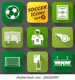 Flat icons set of soccer elements. Collection of symbols for association football. Qualitative vector (EPS-10) icons about soccer, sport game, championship, gameplay, etc