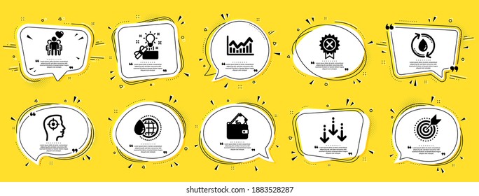 Flat icons set. Speech bubble offer banners. Yellow coupon badge. Included icon as Scroll down, Friendship, World water signs. Reject medal, Target purpose, Recruitment symbols. Vector