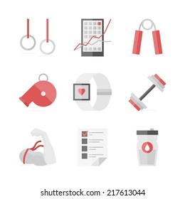 Flat icons set of strength training, physical activity, bodybuilding equipment, sport workout, fitness schedule. Flat design style modern vector illustration concept. Isolated on white background.