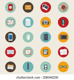 Flat icons set in stylish colors of web, business, design, office and marketing objects on circle buttons. Vector illustration.