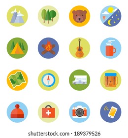 Flat icons set of summer camping