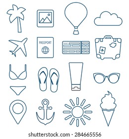 Flat icons set of summer vacation, journey objects. Vector illustration