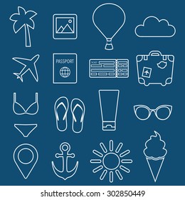 Flat icons set of summer vacation, journey objects. Vector illustration