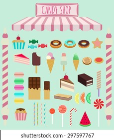 Flat icons set of sweets. Cake, cupcakes, muffins, candies, ice cream, candy, cookies.