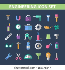 flat icons, set tools, mechanics, physics, construction, electronics