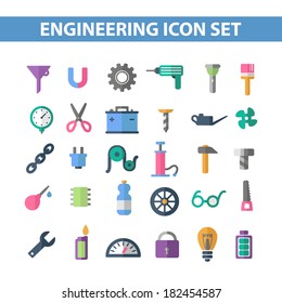 flat icons, set tools, mechanics, physics, construction, electronics