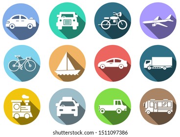 flat icons set, transportation, Airplane, Car, Truck, Bus, Train, Bicycle,Car front,Motorcycle,Pickup truck,Boat,vector illustrations