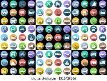 flat icons set, transportation, Airplane, Car, Truck, Bus, Train, Bicycle,Car front,Motorcycle,Pickup truck,Boat,vector illustrations