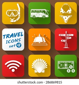 Flat icons set of travel elements. Collection of color icons for tourism and vacation. Qualitative vector signs about travel, hotel, tourism, vacation, trip, booking, etc