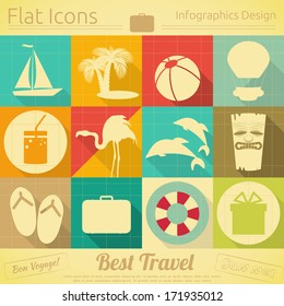Flat Icons Set - Travel Items in Retro Style - Infographics Design. Vector Illustrations 