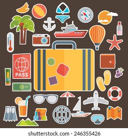 Flat icons set of traveling on airplane, planning a summer vacation, tourism and journey objects and passenger luggage