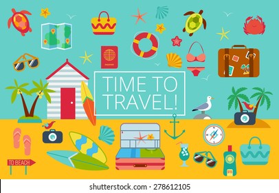 Flat icons set  of traveling, planning a summer vacation, tourism and journey objects and passenger luggage, Rest, sunbathing and swimming on the beach. Eps10