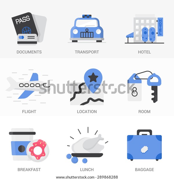 Flat Icons\
Set. Vacation, book a room, flight, navigation, .Isolated Objects\
in a Modern Style for Your\
Design.