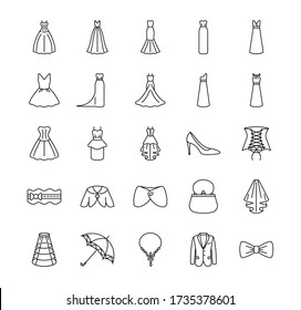 Flat Icons set of varieties of wedding dresses and accessories. Different styles of wedding dresses. Vector illustrations to indicate product categories in the online bridal store.