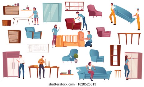Flat icons set with various furniture items and people making buying assembling cleaning table stool armchair wardrobe isolated vector illustration
