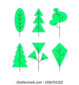 Flat icons set of various trees. Nature icons collection on white background with deciduous and coniferous types trees. Isolated vector illustration.