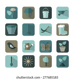 Flat icons set. Vector Garden Object. Gardening icons. Gardening design elements. Set of colorful icons