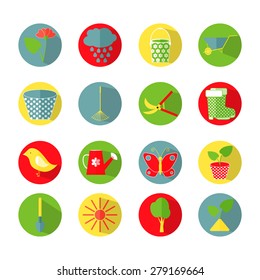 Flat icons set. Vector Garden Object. Gardening icons. Gardening design elements. Set of colorful icons