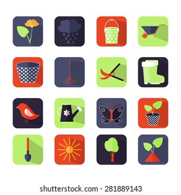 Flat icons set. Vector Garden Object. Gardening icons. Gardening design elements. Set of colorful icons