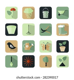 Flat icons set. Vector Garden Object. Gardening icons. Gardening design elements. Set of colorful icons