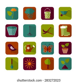 Flat icons set. Vector Garden Object. Gardening icons. Gardening design elements. Set of colorful icons