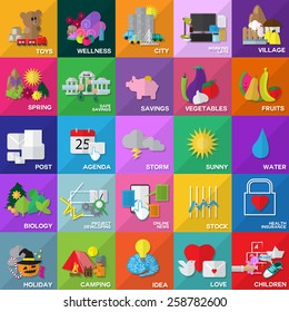Flat Icons Set: Vector Illustration, Graphic Design. Collection Of Colorful Icons. For Web, Websites, Print, Presentation Templates, Promotional, Mobile Applications And Promotional Materials