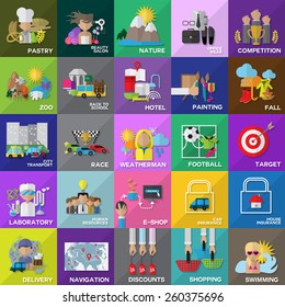 Flat Icons Set: Vector Illustration, Graphic Design. Collection Of Colorful Icons. For Web, Websites, Print, Presentation Templates, Promotional, Mobile Applications And Promotional Materials