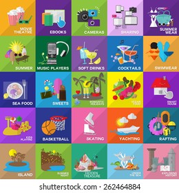 Flat Icons Set: Vector Illustration, Graphic Design. Collection Of Colorful Icons. For Web, Websites, Print, Presentation Templates, Promotional, Mobile Applications And Promotional Materials   