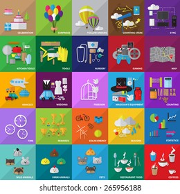 Flat Icons Set: Vector Illustration, Graphic Design. Collection Of Colorful Icons. For Web, Websites, Print, Presentation Templates, Promotional, Mobile Applications And Promotional Materials        