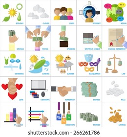 Flat Icons Set: Vector Illustration, Graphic Design. Collection Of Colorful Icons. For Web, Websites, Print, Presentation Templates, Promotional, Mobile Applications And Promotional Materials       