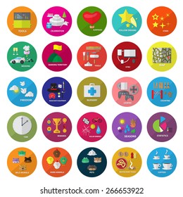 Flat Icons Set: Vector Illustration, Graphic Design. Collection Of Colorful Icons. For Web, Websites, Print, Presentation Templates, Mobile Applications And Promotional Materials       