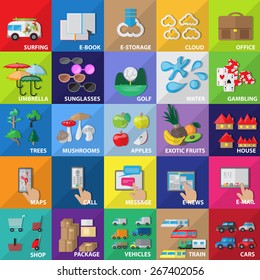 Flat Icons Set: Vector Illustration, Graphic Design. Collection Of Colorful Icons. For Web, Websites, Print, Presentation Templates, Mobile Applications And Promotional Materials      