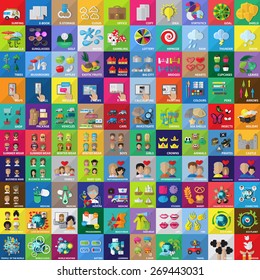Flat Icons Set: Vector Illustration, Graphic Design. Collection Of Colorful Icons. For Web, Websites, Print, Presentation Templates, Mobile Applications And Promotional Materials 