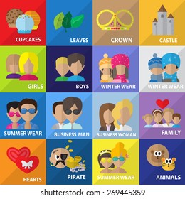 Flat Icons Set: Vector Illustration, Graphic Design. Collection Of Colorful Icons. For Web, Websites, Print, Presentation Templates, Mobile Applications And Promotional Materials 